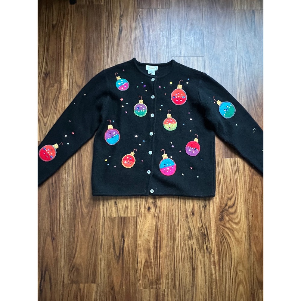 Vintage Talbots Christmas Cardigan Women Medium Wool Holiday Sweater Embroidered